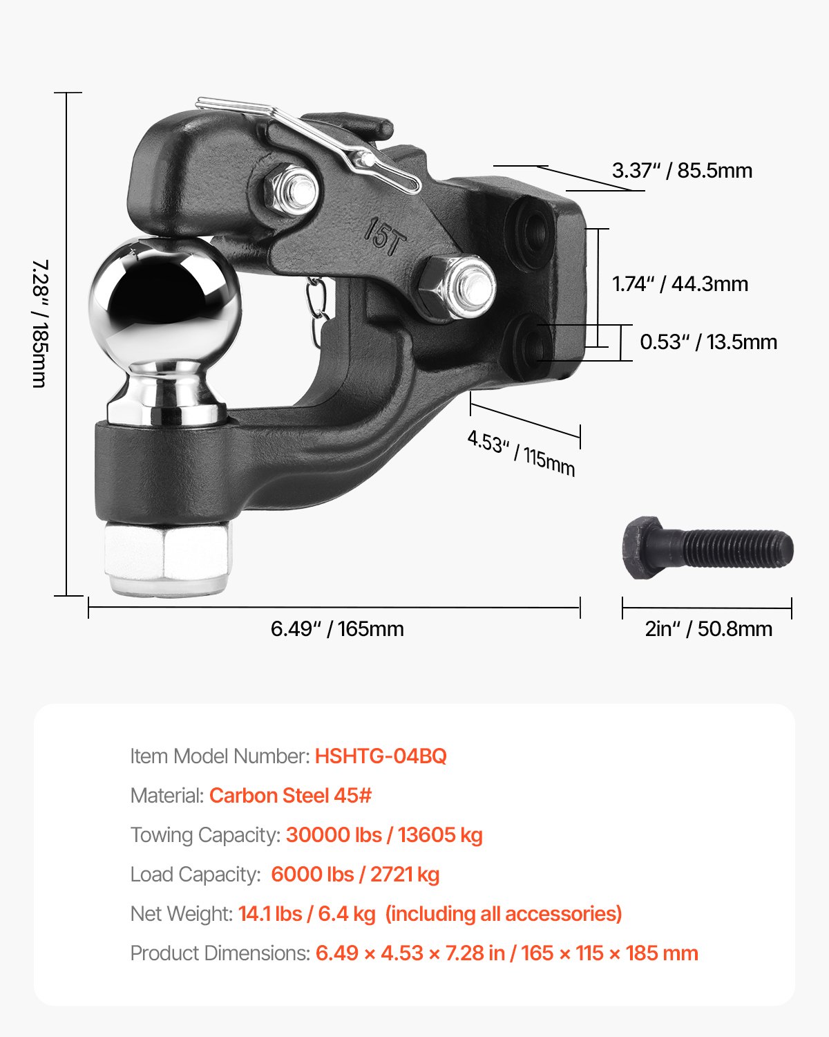 VEVOR Gancio a Perno 13605 kg Gancio di Traino, Combinazione, Sfera di Traino, per Anello a Lunetta 63,5 a 76,2 mm Kit di Montaggio, Adesivi di Avvertenza Fosforescenti, Verniciatura a Polvere Nera