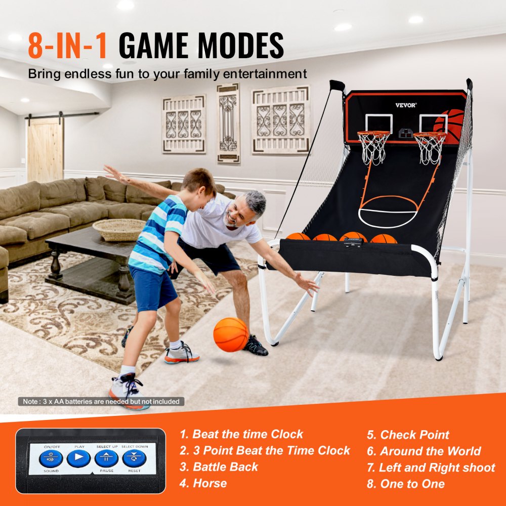 VEVOR Gioco Arcade di Pallacanestro Pieghevole, Sport Domestico, 2 Persone 5 Palloni 8 Modalità, Tabellone Segnapunti Elettronico LCD e Pompa di Gonfiaggio, Gioco per Bambini, Adulti, Bianco Nero