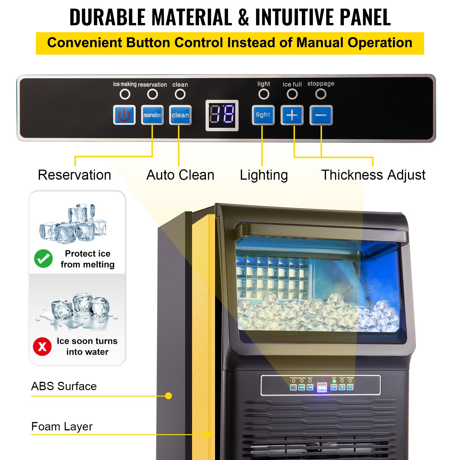 VEVOR Ghiacciaia Produzione 31,75kg all'Ora Macchina per Ghiaccio da Tavolo in Abs Nero fabbricatore di ghiaccio da 350