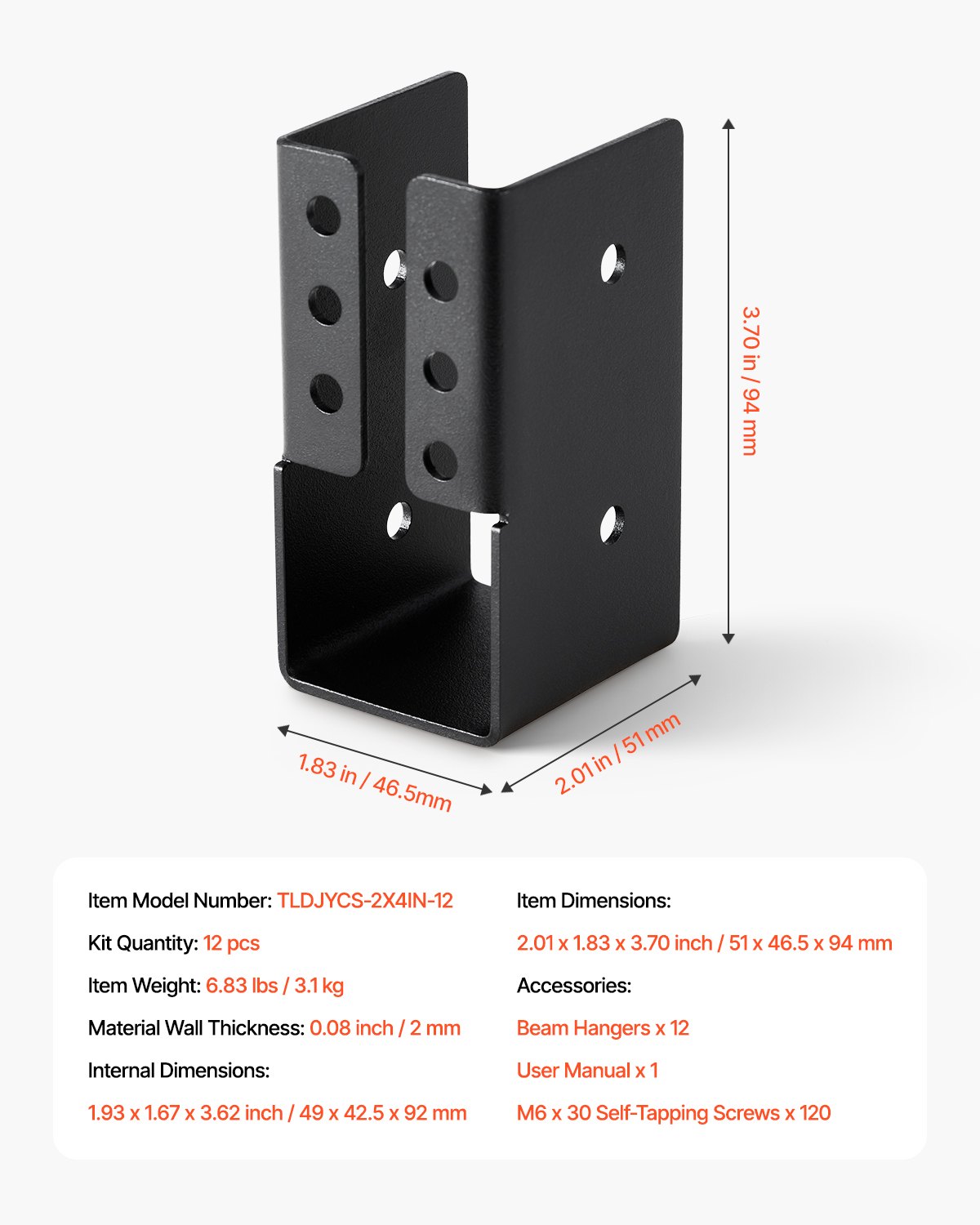 VEVOR Staffa per Travetti Scomparsa, a Flangia Nascosta per Esterni 51 x 46,5 x 94 mm con Viti, Staffa Leggeri in Acciaio per Travi da 49 x 92 mm, Altalena, Recinzione, Scivoli in Legno, 12 Pezzi