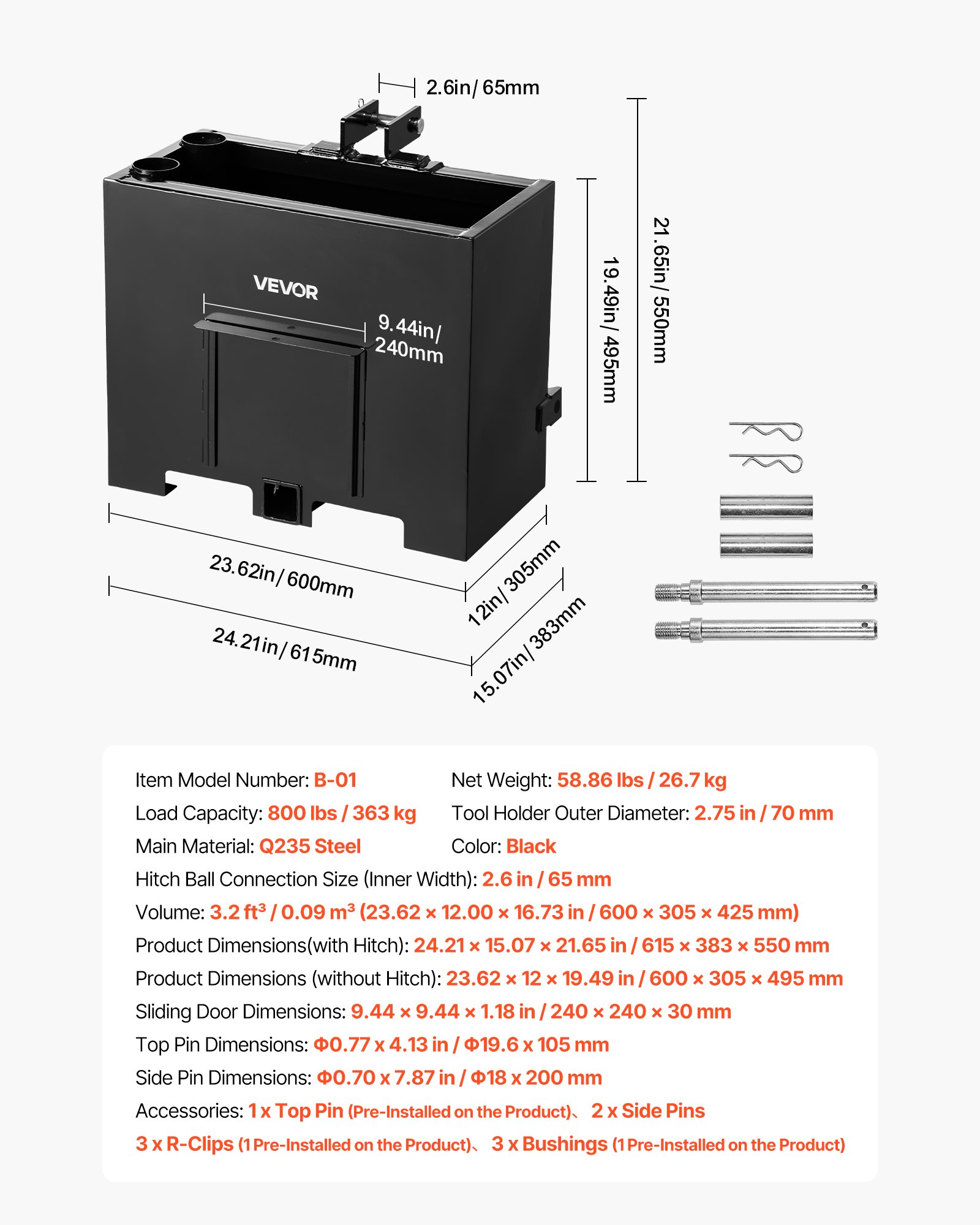 VEVOR Cassa Zavorra per Trattore a 3 Punti Categoria 1 Capacità 363 kg, Contenitore con Ricevitore Aggancio Standard 55 mm, Acciaio Colore Nero, Volume 0,09 m³, con Sportello Scorrevole, per Trattori