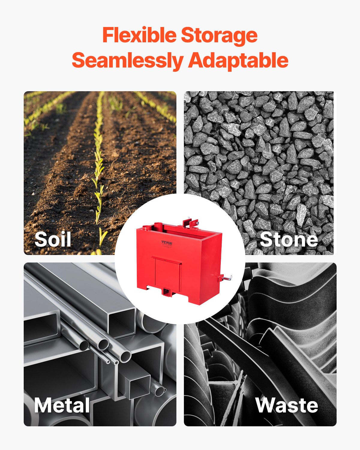 VEVOR Zavorra per Trattore di Categoria 1 a 3 Punti Anticorrosione con Capacità 363 kg per Gancio di Traino, Attacco per Caricatore di Grandi Volumi in Acciaio con Porta Scorrevole, Rosso