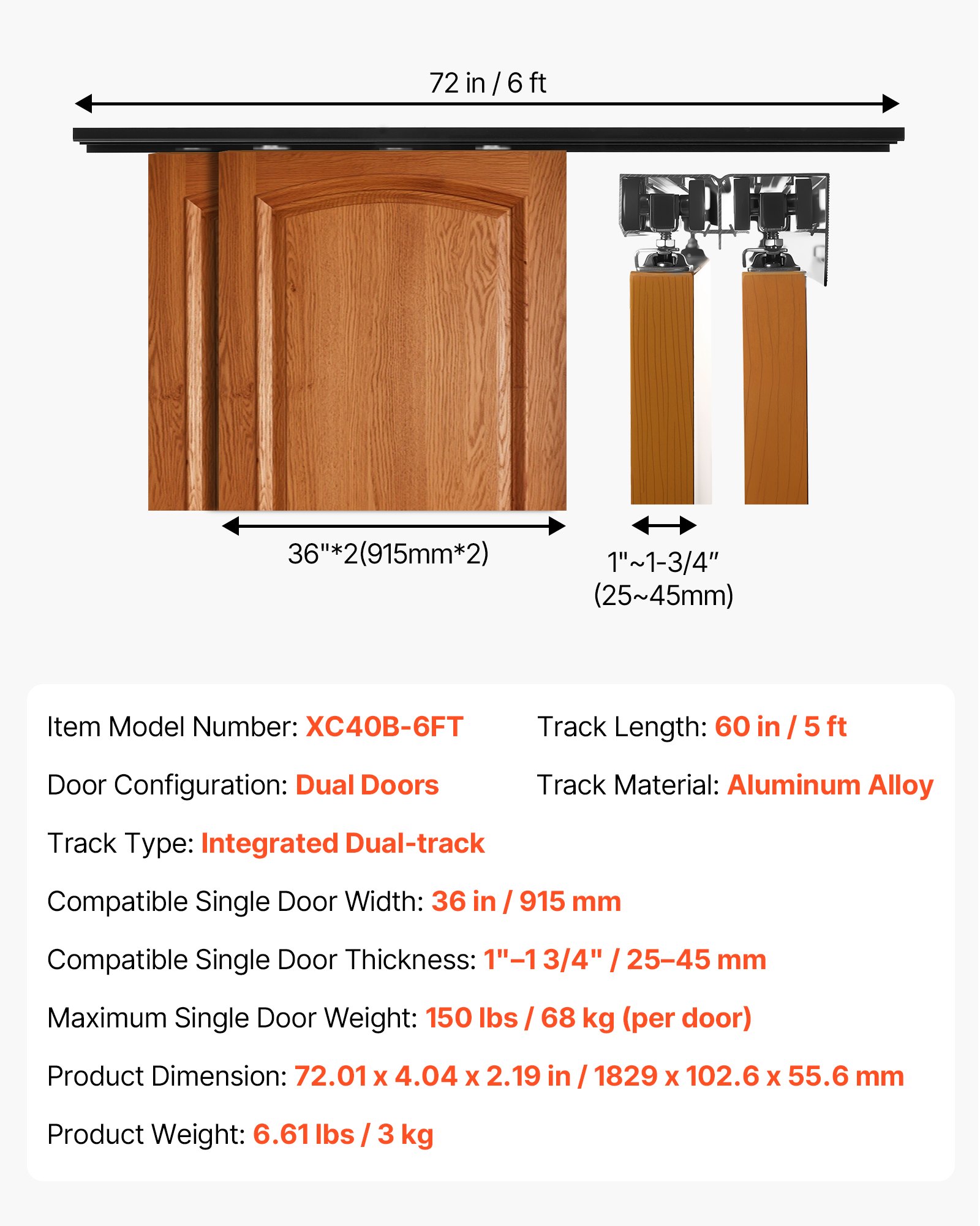 VEVOR Kit Binario per Porta Scorrevole Ferramenta per Guida Doppia Lunghezza 1829 mm, Set di Ferramenta per Porta a Scomparsa Lega di Alluminio Carico Singolo max. 68 kg Camera da Letto Bagno