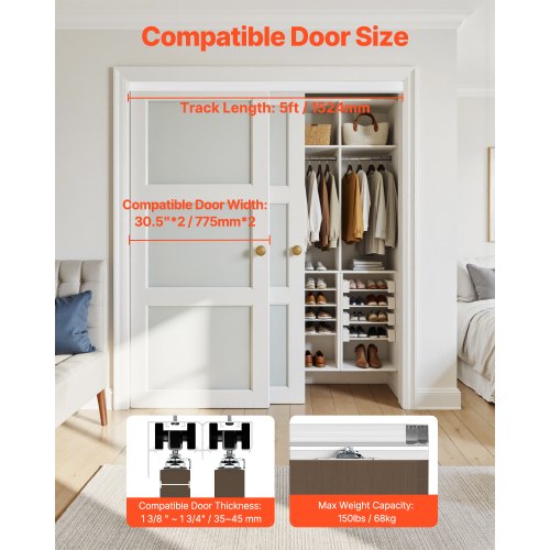 VEVOR Kit Ferramenta Per Porta Scorrevole Bypass, 1524 Mm Resistente In Lega Di Alluminio Per Sistema A 2 Porte Adatto Per Spessori Porta Da 35 Mm A - 9