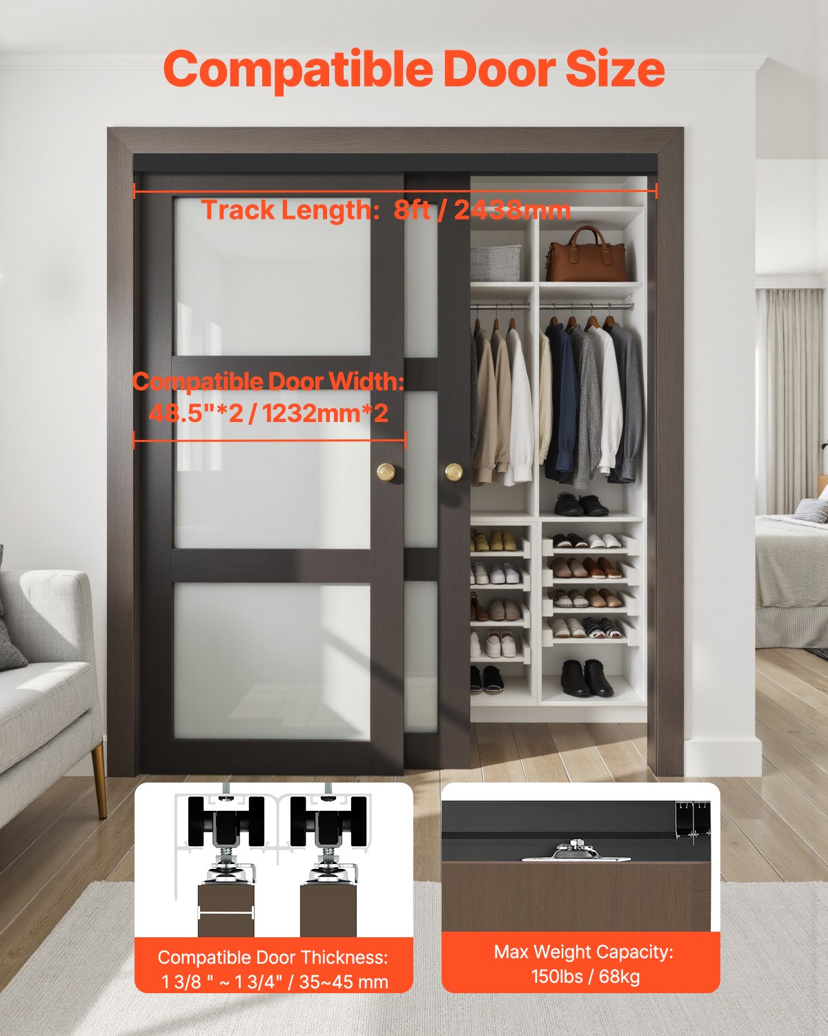 VEVOR Kit Ferramenta per Porta Scorrevole Bypass, 2438 mm, Resistente, in Lega di Alluminio, per Porta Scorrevole dell'Armadio con Tiranti a Dita, per Sistema a 2 Porte, per Spessori Porta 35-45 mm