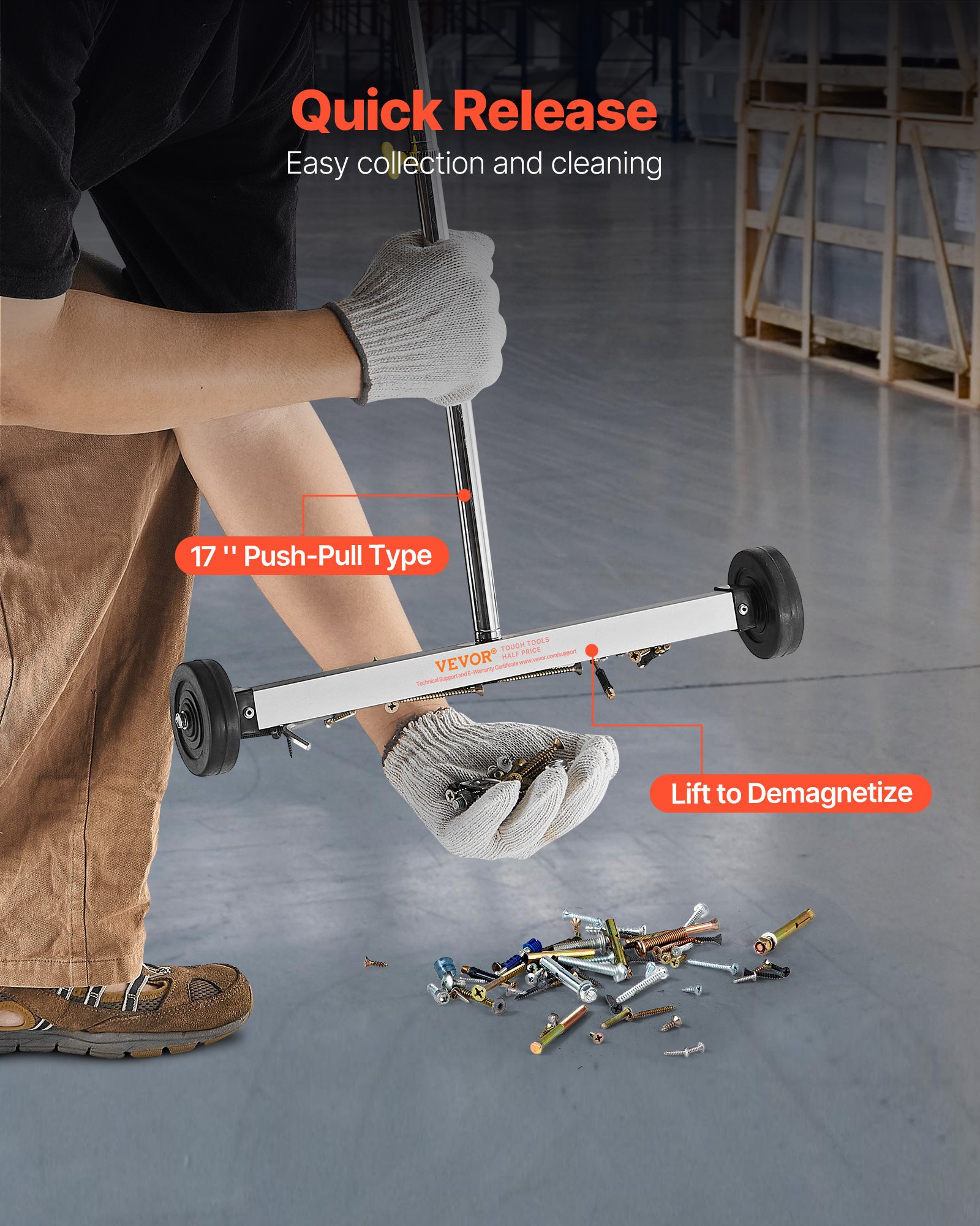 VEVOR Spazzatrice Magnetica con Ruote per Chiodi Spazzatrice Magnetica Leggera con Manico Regolabile Raccoglie Chiodi e Viti, Facile Pulizia per Garage, Progetti di Copertura, Carico 4,5 kg