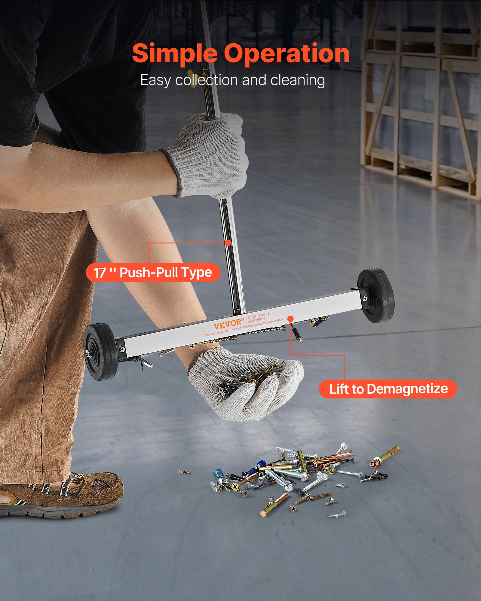 VEVOR Spazzatrice Magnetica con Ruote per Chiodi Spazzatrice Magnetica Leggera con Manico Regolabile Raccoglie Chiodi e Viti, Facile Pulizia per Garage, Progetti di Copertura, Carico 4,5 kg