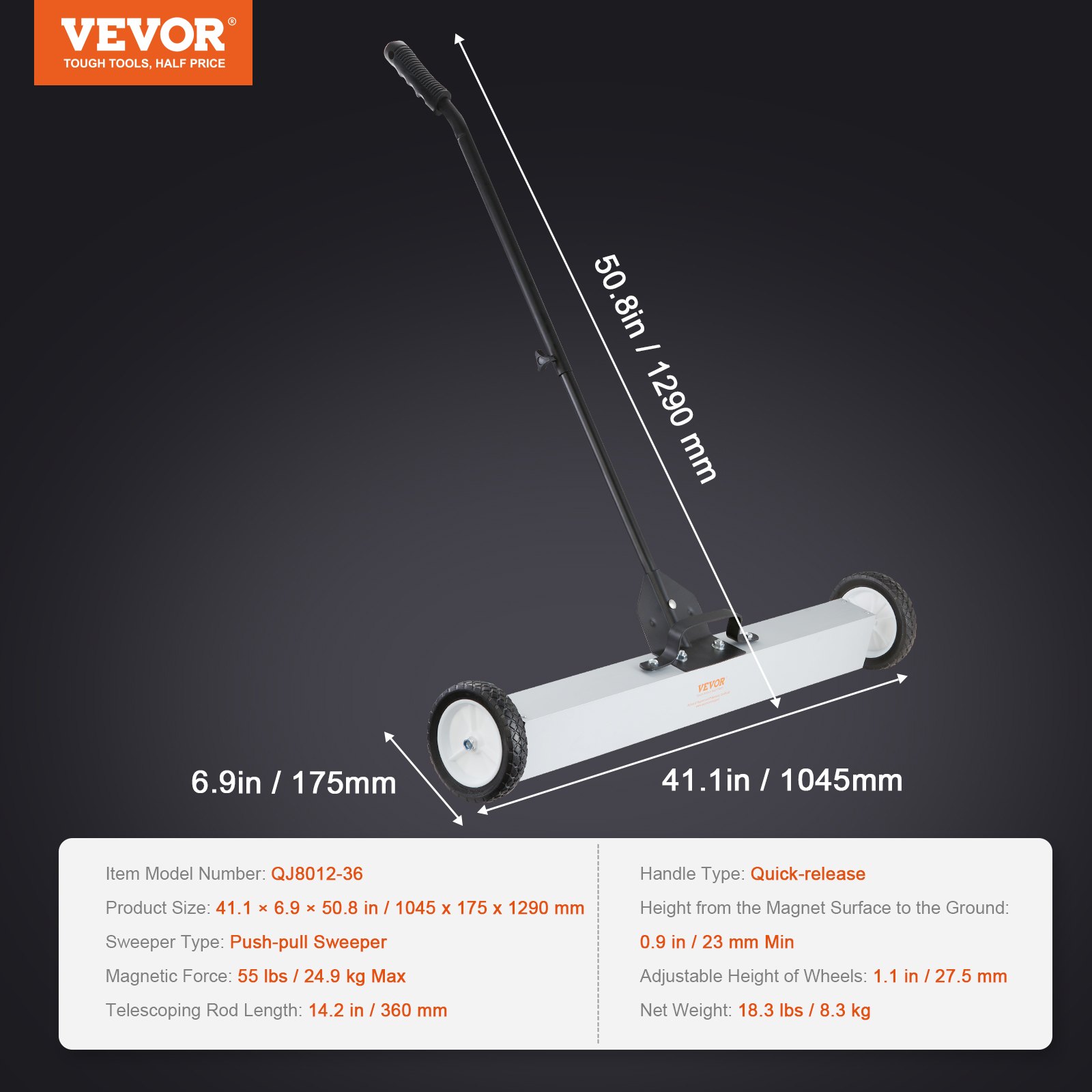 VEVOR Spazzatrice Magnetica Asta Telescopica 77-113cm per Pavimenti Raccoglitore per Piccole Parti Metalliche Forza Magnetica Max. 24,9kg, Scopa Magnetica con Ruote di Raccolta per Chiodi Viti Metalli