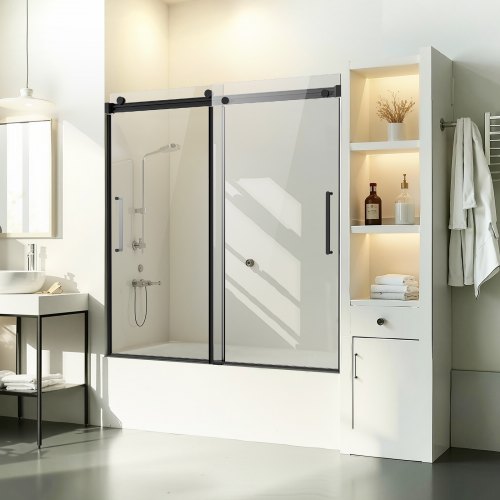VEVOR Porta Doccia Scorrevole per Vasca da Bagno Senza Telaio, Porta Doccia a 2 Ante con Porta in Vetro Temperato, Maniglia in Acciaio Inossidabile, per Vasca da Bagno Nero 1524 x 1524 mm
