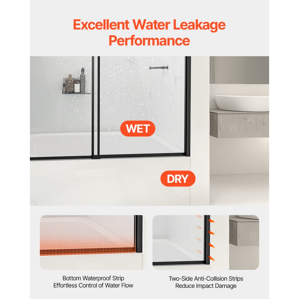 VEVOR Porta Doccia Scorrevole per Vasca da Bagno Doppia Semi-Senza Telaio, Porta Doccia Semi-Senza Telaio con Porta in Vetro Temperato, Maniglia in Acciaio Inox, Nero 1524 x 1524 mm