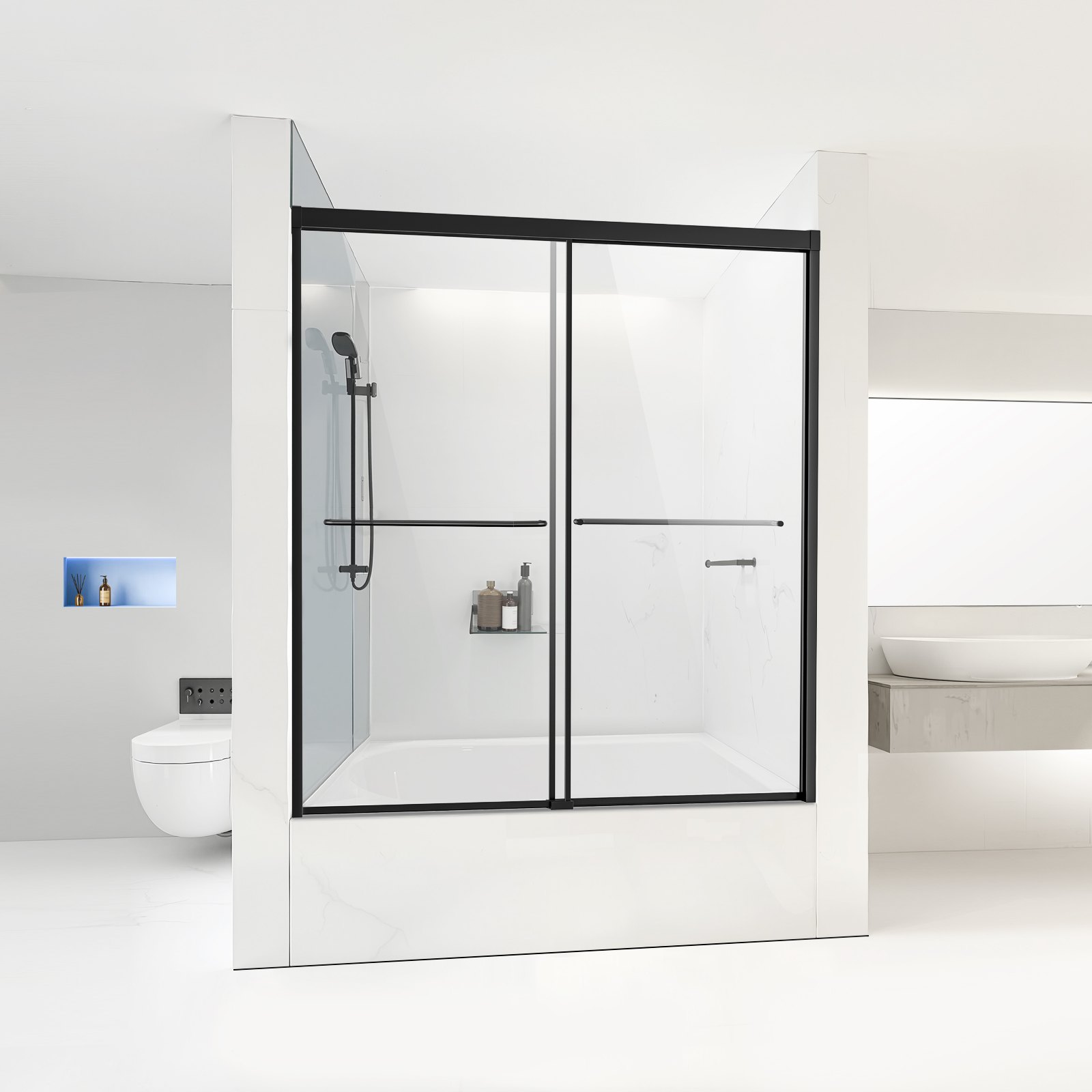 VEVOR Porta Doccia Scorrevole per Vasca da Bagno Doppia Semi-Senza Telaio, Porta Doccia Semi-Senza Telaio con Porta in Vetro Temperato, Maniglia in Acciaio Inox, Nero 1524 x 1524 mm