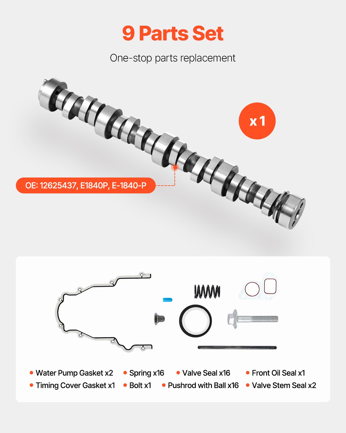 VEVOR Kit Albero a Camme, Set 9 PZ, Guarnizione di Distribuzione, Aste, Molle e Paraoli, per Camion GM Gen3/4 Norris dal 1999 al 2013, per Motori LS1, LS2, LS6, LQ4, LQ9, OE 12625437 E1840P E-1840-P