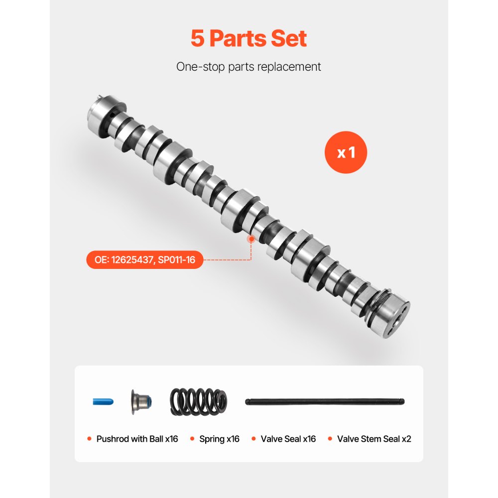 VEVOR Kit Albero a Camme LS, Set da 5 Pezzi, Include Aste, Molle e Guarnizioni, Compatibile con Camion GM Gen3/4 Norris dal 1999 al 2013, per Motori da 4,8 L 5,3 L 6,0 L e 6,2 L OE 12625437 SP011-16
