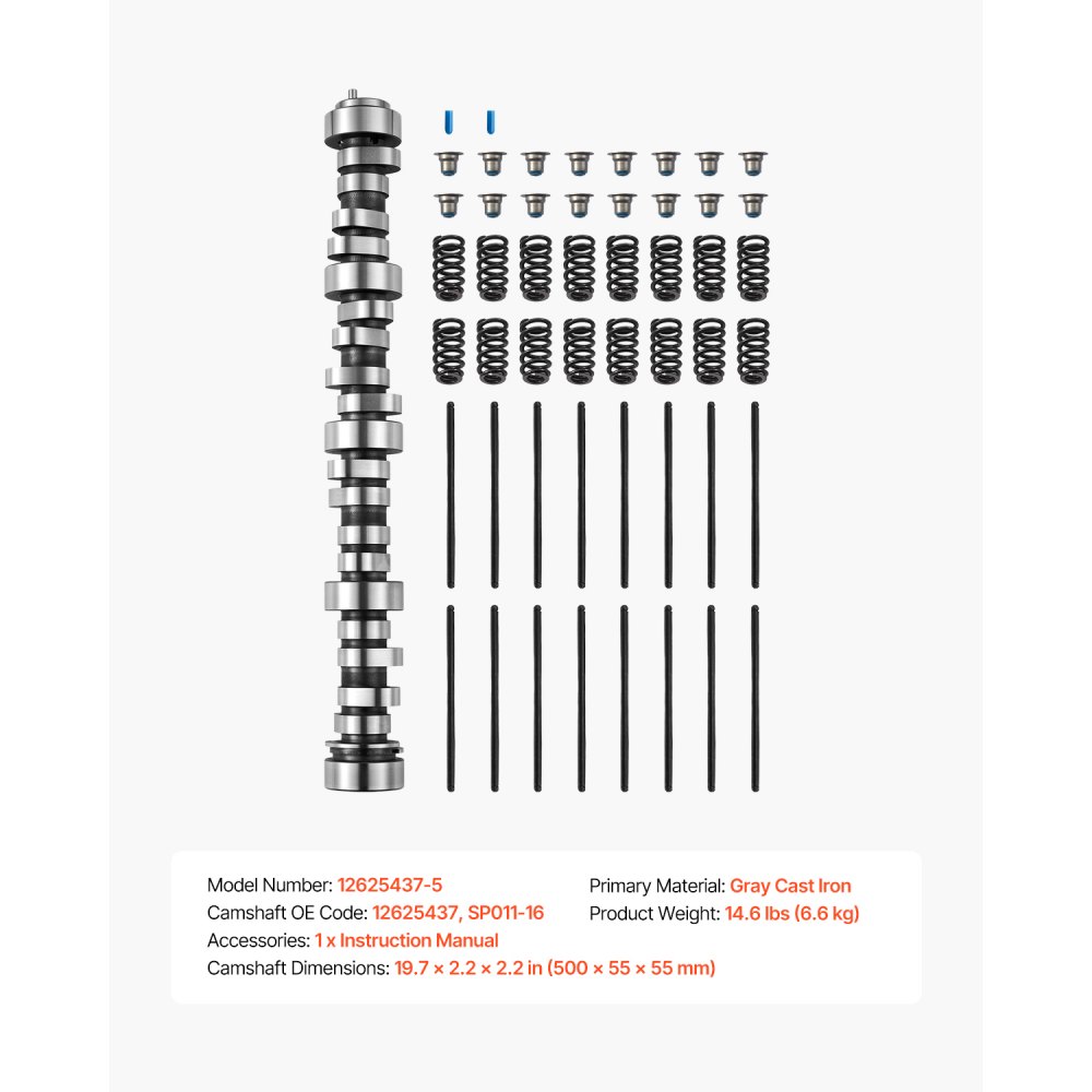 VEVOR Kit Albero a Camme LS, Set da 5 Pezzi, Include Aste, Molle e Guarnizioni, Compatibile con Camion GM Gen3/4 Norris dal 1999 al 2013, per Motori da 4,8 L 5,3 L 6,0 L e 6,2 L OE 12625437 SP011-16