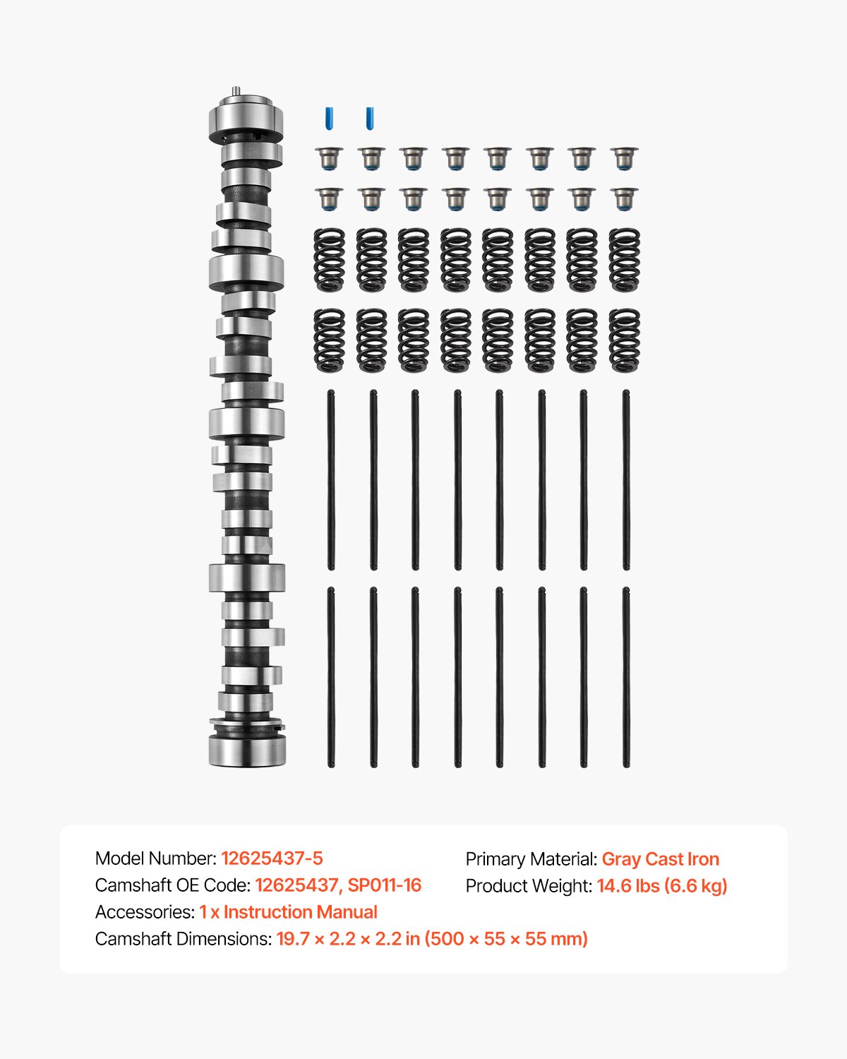 VEVOR Kit Albero a Camme LS, Set da 5 Pezzi, Include Aste, Molle e Guarnizioni, Compatibile con Camion GM Gen3/4 Norris dal 1999 al 2013, per Motori da 4,8 L 5,3 L 6,0 L e 6,2 L OE 12625437 SP011-16