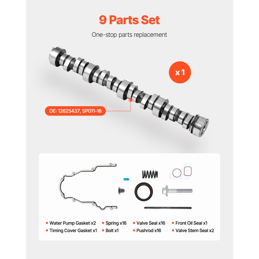 VEVOR Kit Albero a Camme LS, Set 9 Pezzi, Guarnizione di Distribuzione, Aste, Molle e Paraoli, Camion GM Gen3/4 Norris dal 1999 al 2013, per Motori LS da 4,8 L 5,3 L 6,0 L 6,2 L OE 12625437 SP011-16