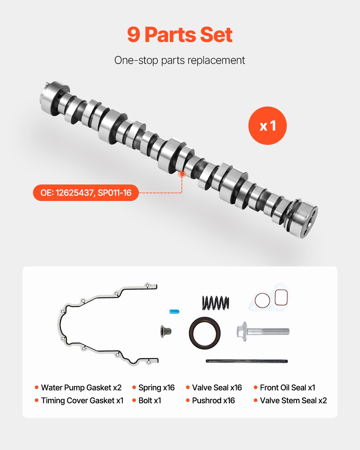 VEVOR Kit Albero a Camme LS, Set 9 Pezzi, Guarnizione di Distribuzione, Aste, Molle e Paraoli, Camion GM Gen3/4 Norris dal 1999 al 2013, per Motori LS da 4,8 L 5,3 L 6,0 L 6,2 L OE 12625437 SP011-16