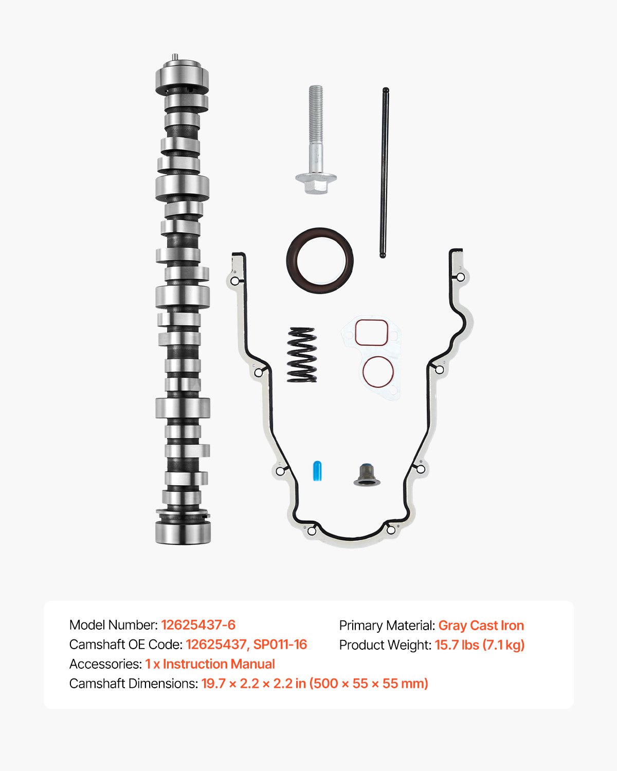 VEVOR Kit Albero a Camme LS, Set 9 Pezzi, Guarnizione di Distribuzione, Aste, Molle e Paraoli, Camion GM Gen3/4 Norris dal 1999 al 2013, per Motori LS da 4,8 L 5,3 L 6,0 L 6,2 L OE 12625437 SP011-16