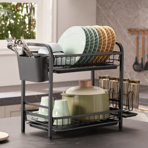 NIBSHOOM Scolapiatti, Scolapiatti da Lavello in Acciaio Inox Installazione senza attrezzi, Scolapiatti da Appoggio per lavello, con Porta Utensili, Portabicchieri, Nero
