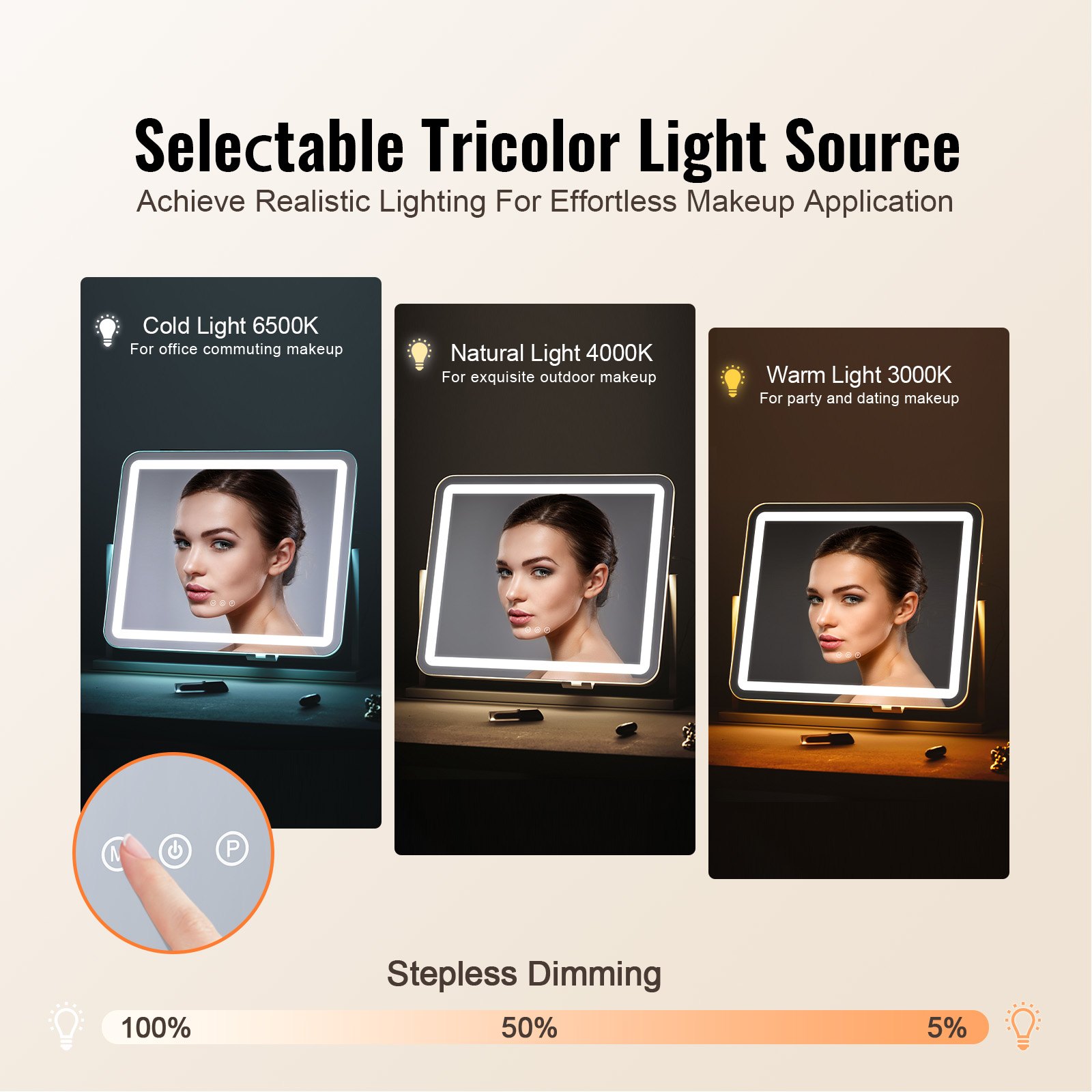 VEVOR Specchio per Trucco Illuminato con Lampadine LED Specchio per Trucco 3 Modalità di Illuminazione a Colori con Specchio Ingranditore 5X Rimovibile Controllo a Tocco Rotazione a 360°, 547x447mm