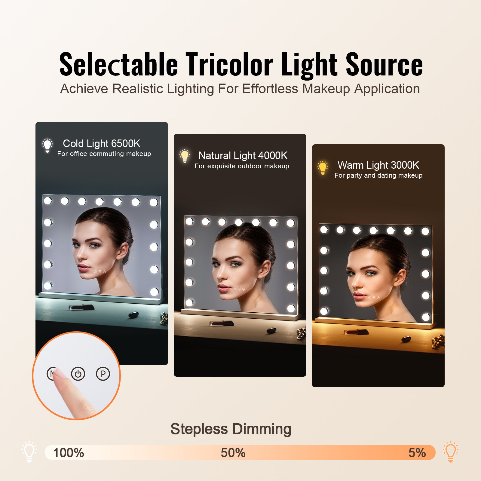 VEVOR Specchio per Trucco Hollywood con 15 Lampadine LED Dimmerabili, 3 Modalità di Illuminazione a Colori, Specchio Ingranditore 5X Rimovibile, Porta USB, Controllo Smart Touch Specchio 580x458 mm