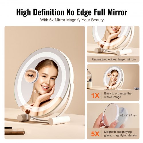 Specchio da Trucco con Luci LED a 3 Colori, Specchio Cosmetico con Rotazione a 360°, Luminosità Regolabile, Smart-Touch (27,5 x 3 x 31 cm) | Leroy Merlin