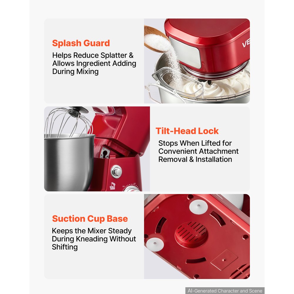 VEVOR Impastatrice Robot da Cucina Ciotola 5L e 4L 3 Velocità 1000W Rosso Ciotola in Acciaio Inox 304, Testa Inclinabile, Paraspruzzi, Mix Planetario da Banco, Gancio Impastatore, Frusta, Sbattitore