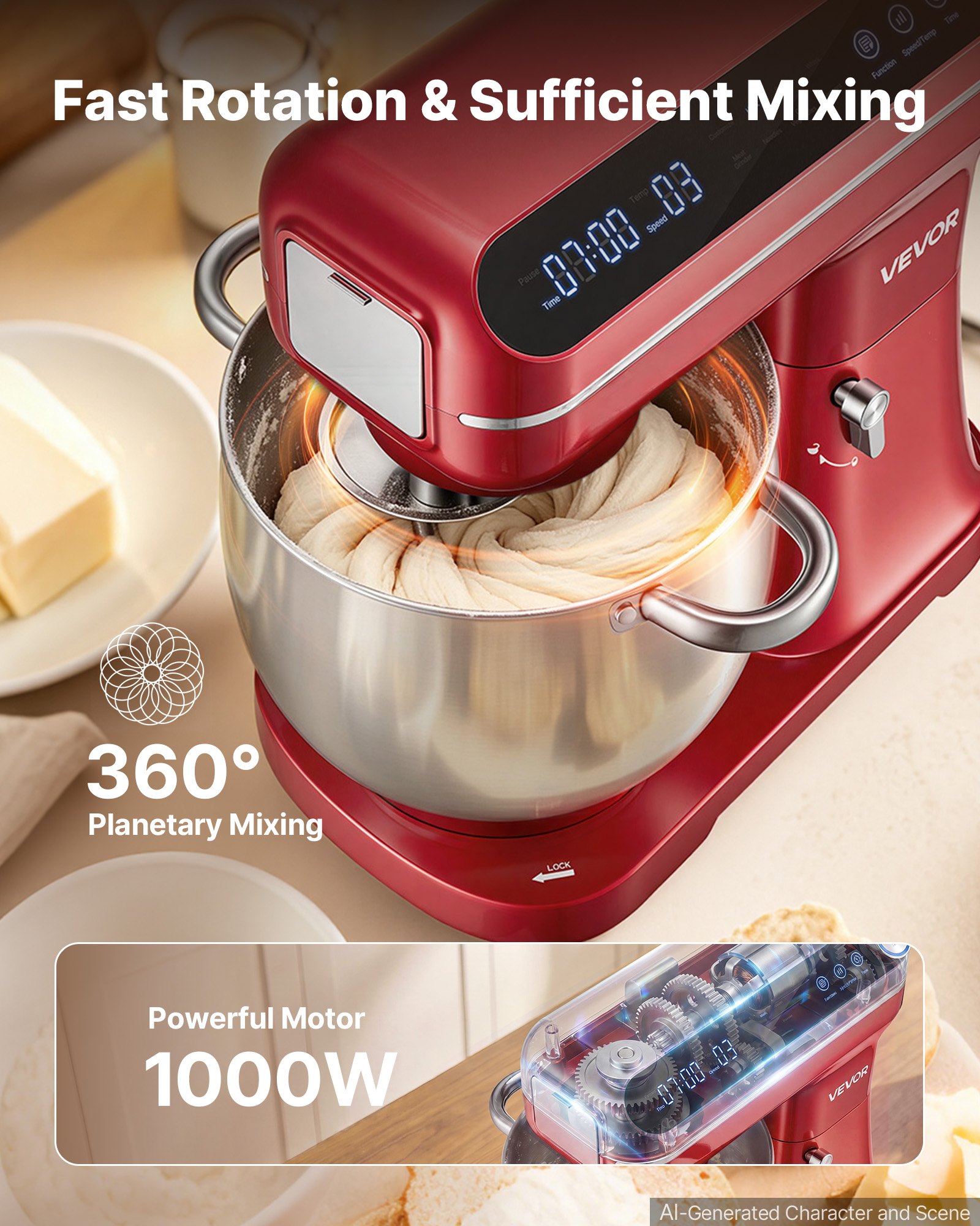 VEVOR Impastatrice Elettrica da Cucina Ciotola 7 L Testa Inclinabile Rosso con Funzione Tritacarne, Potenza 1000 W, 12 Velocità, Mixer Planetario, Acciaio Inox, Gancio Impastatore, Frusta, Sbattitore