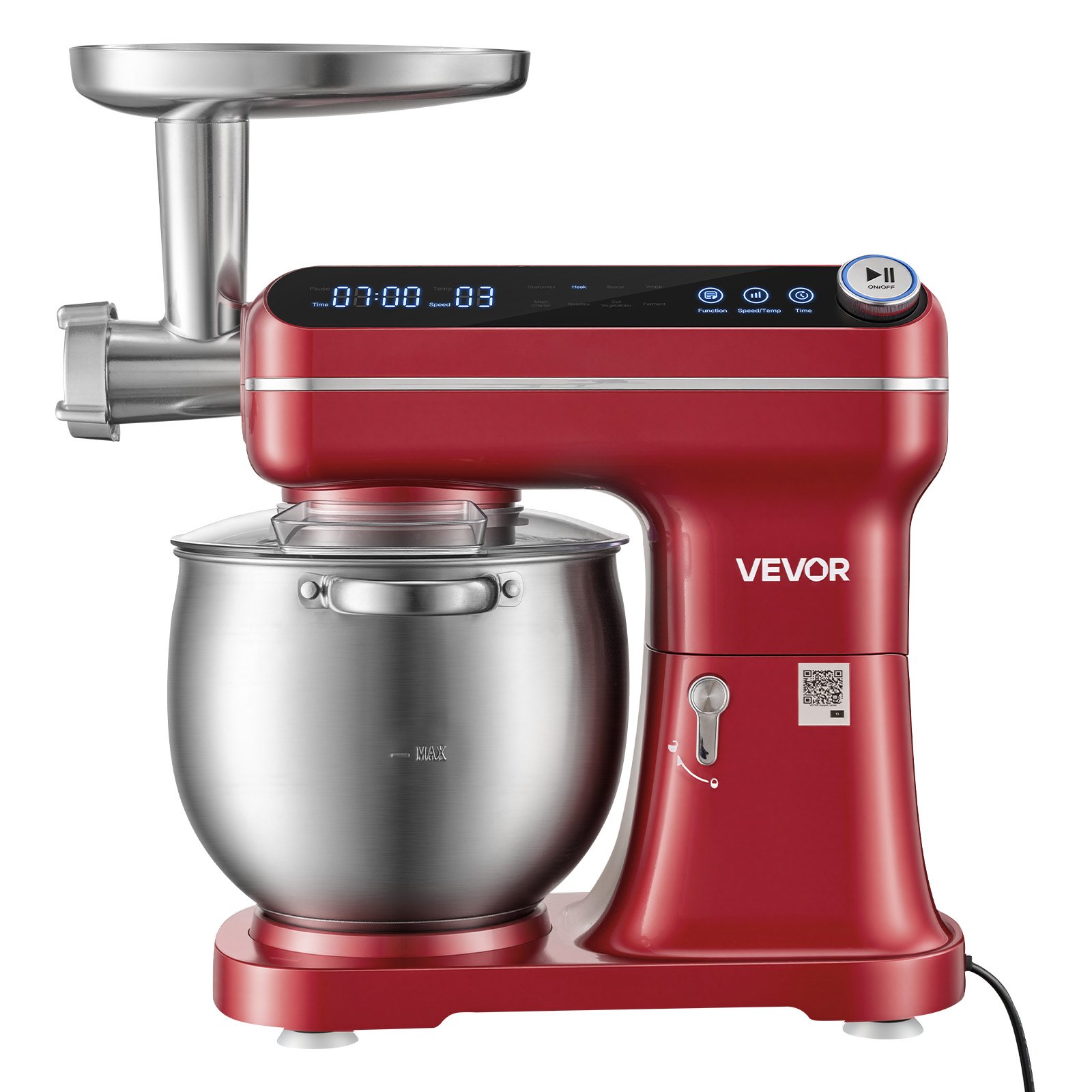 VEVOR Impastatrice Elettrica da Cucina Ciotola 7 L Testa Inclinabile Rosso con Funzione Tritacarne, Potenza 1000 W, 12 Velocità, Mixer Planetario, Acciaio Inox, Gancio Impastatore, Frusta, Sbattitore