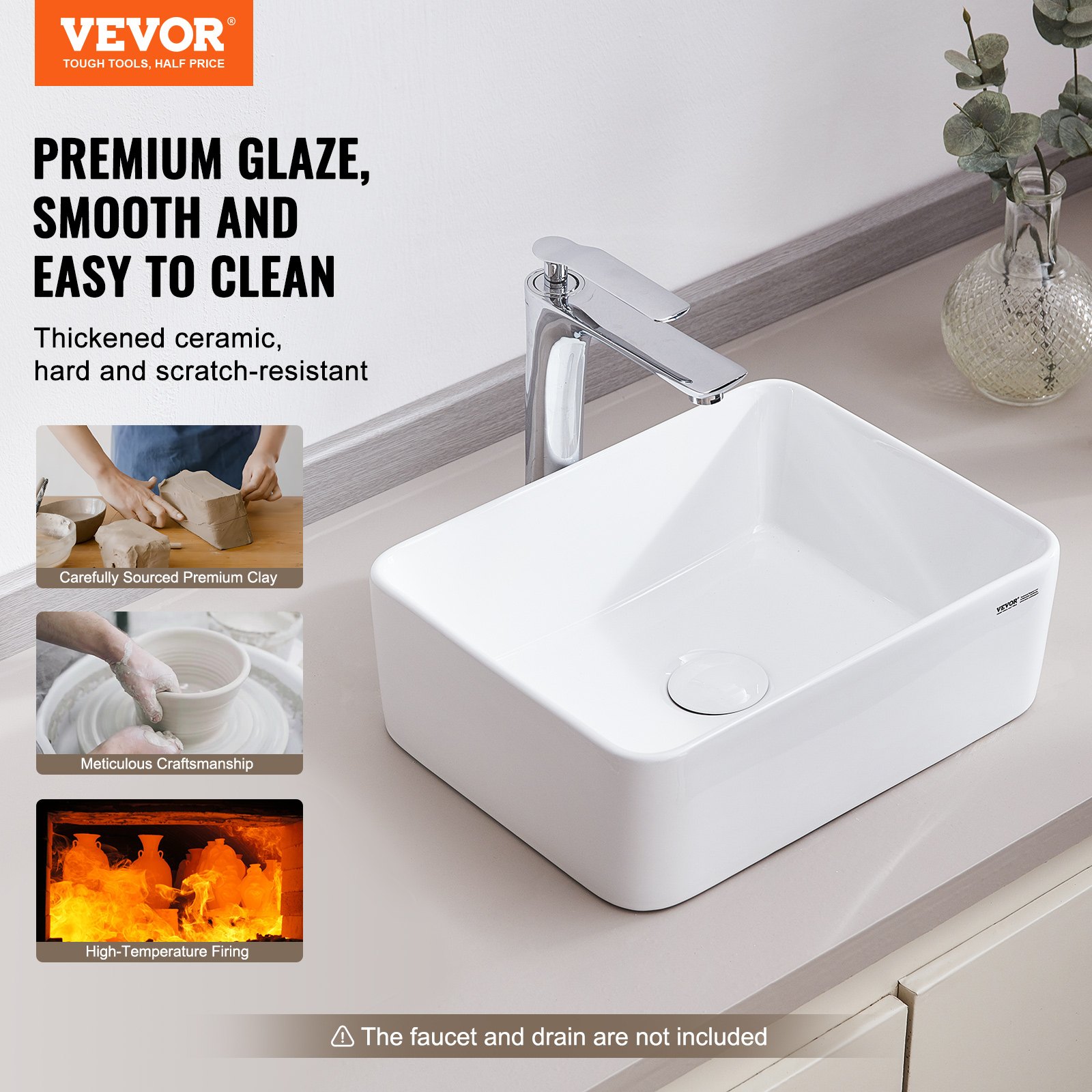 VEVOR Lavandino da Appoggio Rettangolare, 40 x 30 cm per il Bagno, Lavabo da Appoggio in Ceramica Bianca Sopra il Piano, Stile Moderno, Luminoso ed Elegante, per Bagno, Hotel, Toilette, Camper