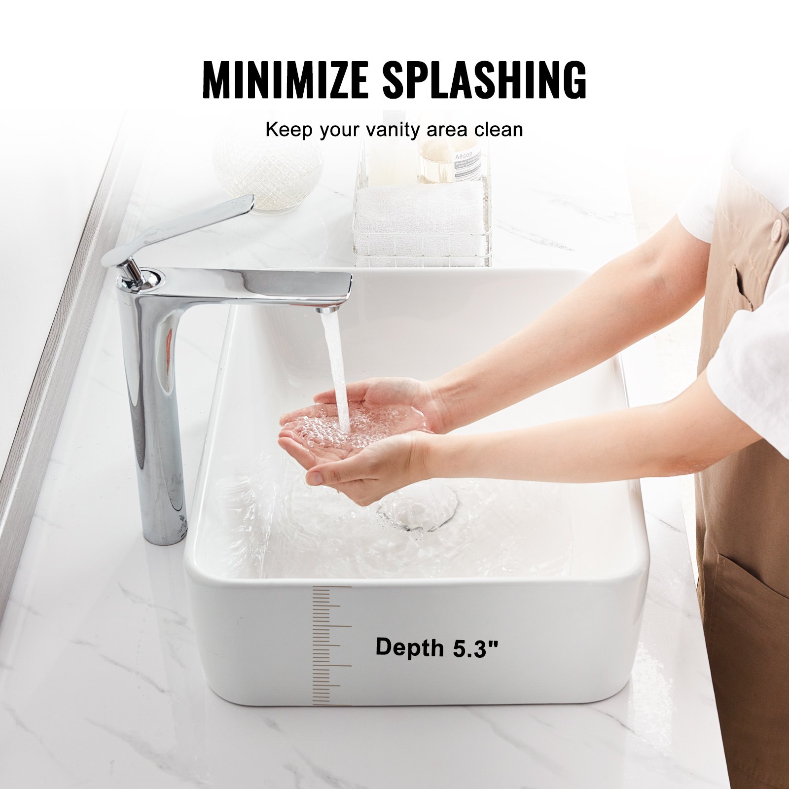 VEVOR Lavandino da Appoggio Rettangolare, 38 x 47 cm per il Bagno, Lavabo da Appoggio in Ceramica Bianca Sopra il Piano, Stile Moderno, Luminoso ed Elegante, per Bagno, Hotel, Toilette, Camper