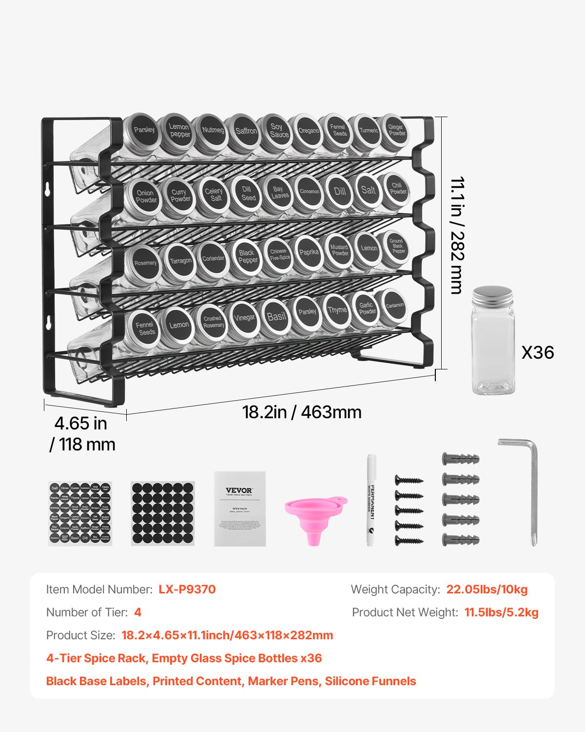 VEVOR 4-Tier Spice Rack, Spice Holder with 36 Empty Spice Jars, Rack, Spice Labels & Funnel Complete Set, Spice Organizer for Kitchen, Cabinet, Pantry (463 x 118 x 282 mm)