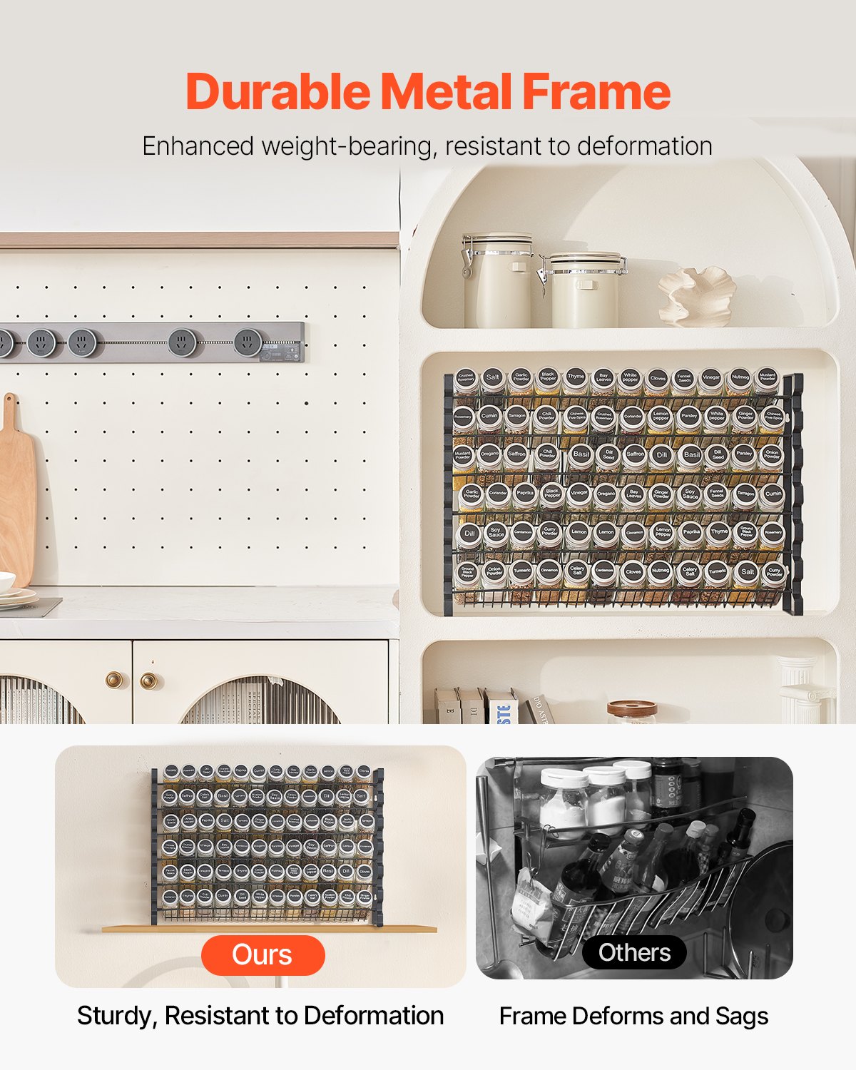 VEVOR Organizzatore per Spezie per Armadietto con 72 Barattoli per Spezie Vuoti, Coperchi, Etichette per Spezie e Imbuto, Set Completo, Organizzatore per Condimenti 591x118x407 mm