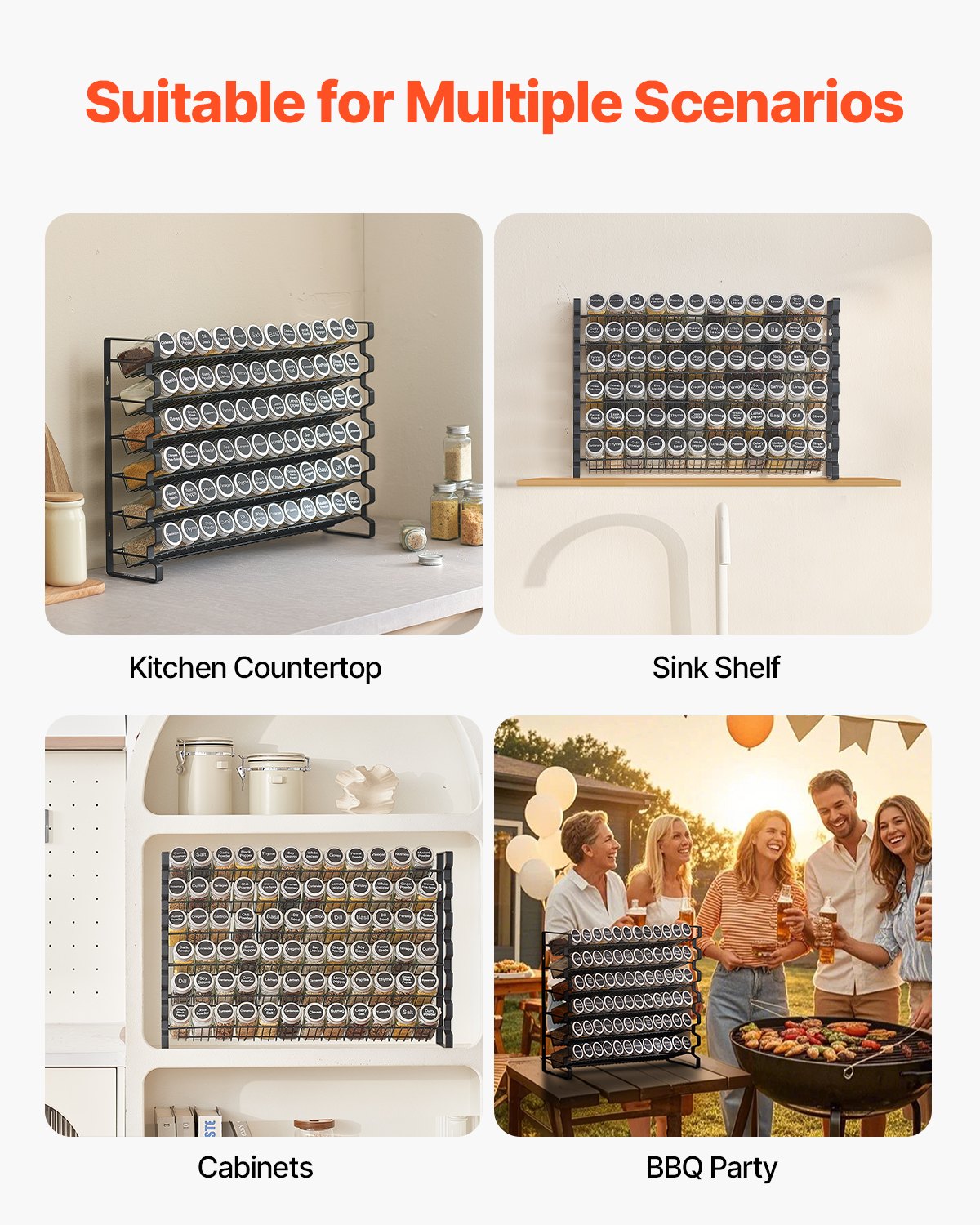 VEVOR Organizzatore per Spezie per Armadietto con 72 Barattoli per Spezie Vuoti, Coperchi, Etichette per Spezie e Imbuto, Set Completo, Organizzatore per Condimenti 591x118x407 mm