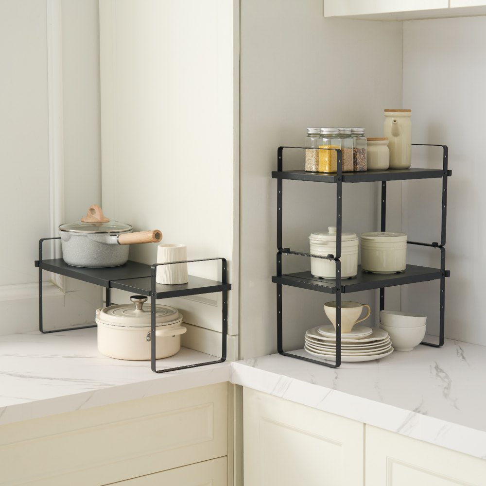 VEVOR Adjustable Standing Spice Rack, 2 Tiers, Large Capacity Kitchen Shelf, Stackable Countertop Organizer, Pantry Organizer for Kitchen, Bathroom, Office, Black