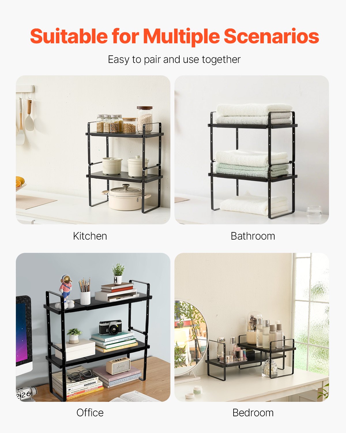 VEVOR Organizzatore per Ripiani Regolabili per Mobili, Ripiano Espandibile a 2 Livelli di Stoccaggio per Dispensa, Organizzatore Impilabili da Banco per Cucina, Bagno, Nero 650x220x500 mm