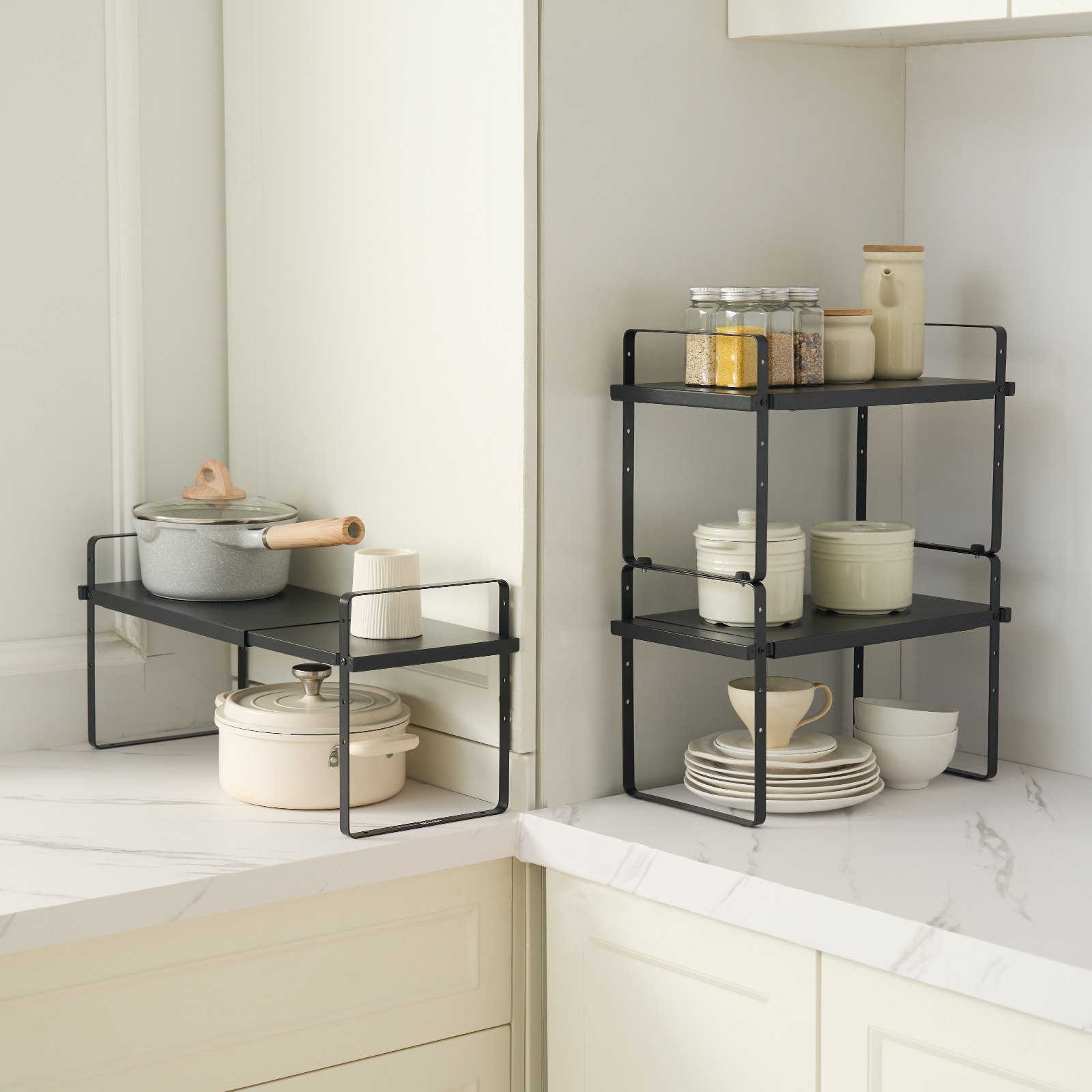 VEVOR Organizzatore per Ripiani Regolabili per Mobili, Ripiano Espandibile a 2 Livelli di Stoccaggio per Dispensa, Organizzatore Impilabili da Banco per Cucina, Bagno, Nero 650x220x500 mm