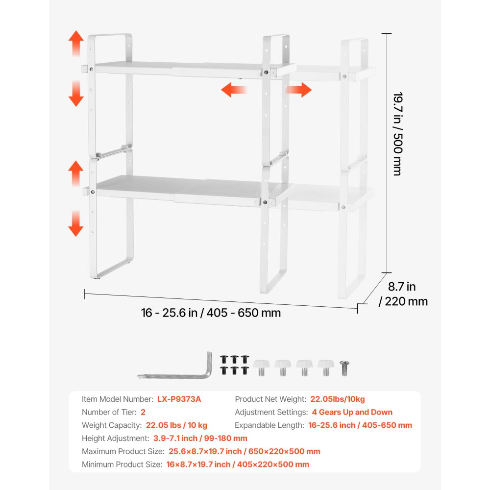 VEVOR Organizzatore per Ripiani Regolabili per Mobili, Ripiano Espandibile a 2 Livelli di Stoccaggio per Dispensa, Organizzatore Impilabili da Banco per Cucina, Bagno, Bianco 650x220x500 mm