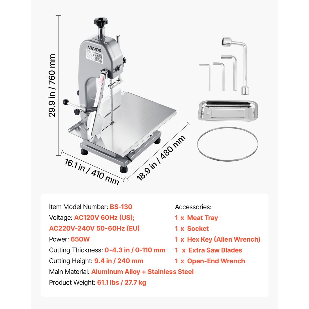 VEVOR Segaossa a Nastro Elettrica Commerciale per Carne 650W, Banco da Lavoro 315x460mm, Macchina per Tagliare Ossa da Banco Taglierina per Carne con Lama per Costolette di Maiale Uso Commerciale