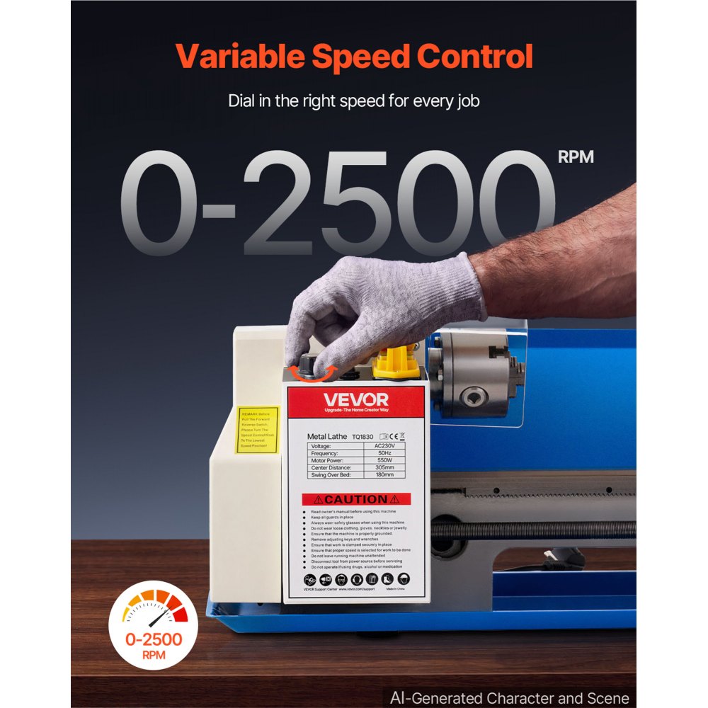 VEVOR Tornio da Banco per Metalli 180 x 305 mm Velocità 2500 giri/min 550W Per 8 Filettature Metriche, Tornitura, Foratura, Zigrinatura, Ingranaggio in Nylon, Rotazione Reversibile, Corpo in Ghisa