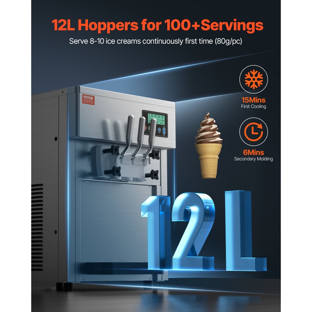 VEVOR Macchina per Gelato Commerciale 20L/H Gelato Soft da Banco a 3 Gusti da 1800 W, 2 Tramogge 4 L, 2 Cilindri 1,8 L, Pannello LCD, Preraffreddamento Automatico, per Snack Bar Ristorante