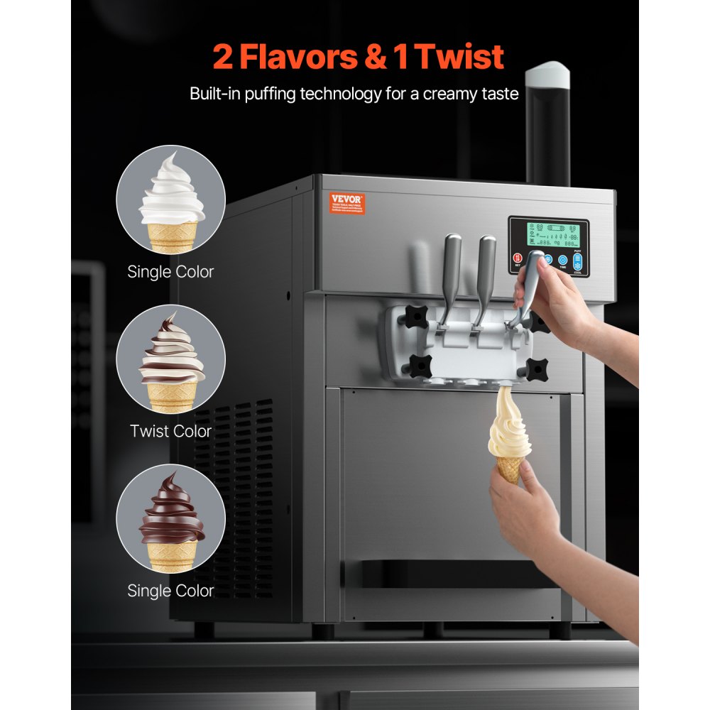 VEVOR Macchina per Gelato Commerciale 20L/H Gelato Soft da Banco a 3 Gusti da 1800 W, 2 Tramogge 4 L, 2 Cilindri 1,8 L, Pannello LCD, Preraffreddamento Automatico, per Snack Bar Ristorante