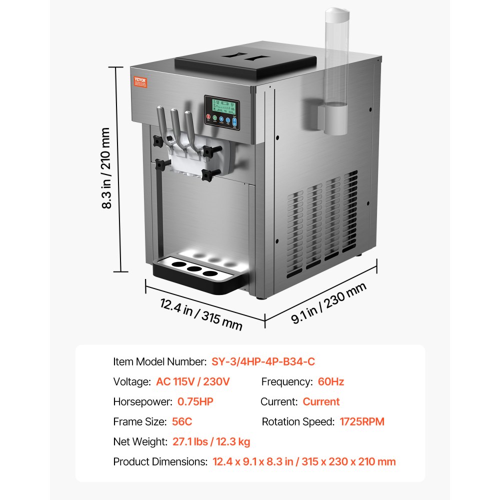 VEVOR Macchina per Gelato Commerciale 20L/H Gelato Soft da Banco a 3 Gusti da 1800 W, 2 Tramogge 4 L, 2 Cilindri 1,8 L, Pannello LCD, Preraffreddamento Automatico, per Snack Bar Ristorante