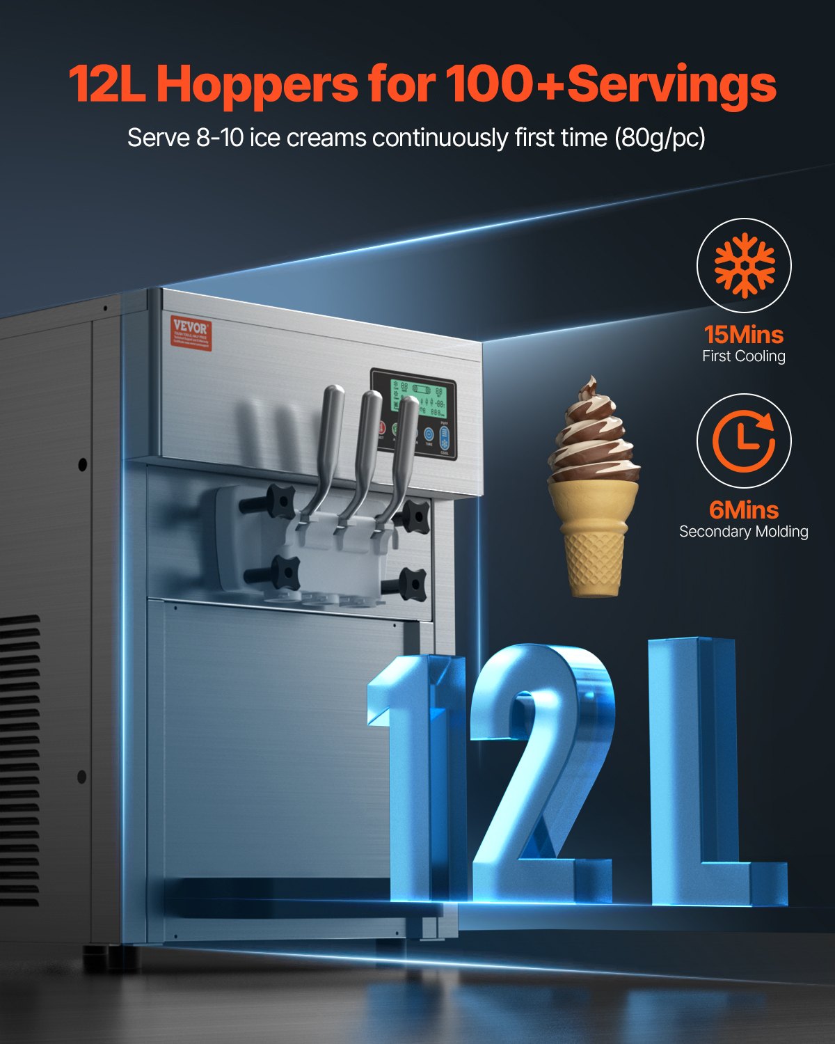 VEVOR Macchina per Gelato Commerciale 20L/H Gelato Soft da Banco a 3 Gusti da 1800 W, 2 Tramogge 4 L, 2 Cilindri 1,8 L, Pannello LCD, Preraffreddamento Automatico, per Snack Bar Ristorante