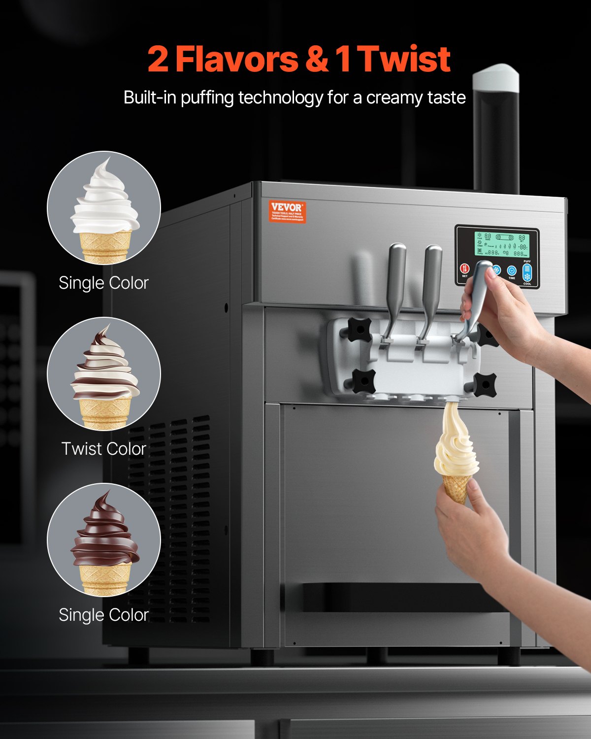 VEVOR Macchina per Gelato Commerciale 20L/H Gelato Soft da Banco a 3 Gusti da 1800 W, 2 Tramogge 4 L, 2 Cilindri 1,8 L, Pannello LCD, Preraffreddamento Automatico, per Snack Bar Ristorante