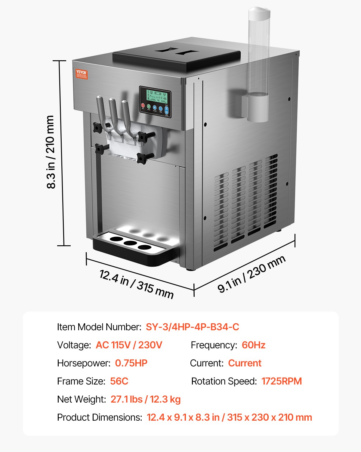 VEVOR Macchina per Gelato Commerciale 20L/H Gelato Soft da Banco a 3 Gusti da 1800 W, 2 Tramogge 4 L, 2 Cilindri 1,8 L, Pannello LCD, Preraffreddamento Automatico, per Snack Bar Ristorante