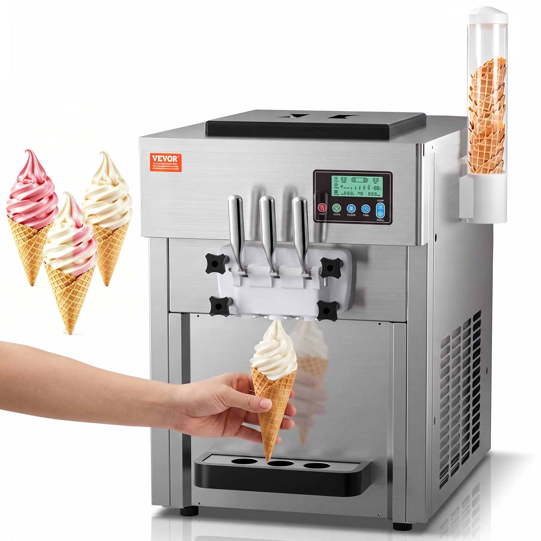 VEVOR Macchina per Gelato Commerciale 20L/H Gelato Soft da Banco a 3 Gusti da 1800 W, 2 Tramogge 4 L, 2 Cilindri 1,8 L, Pannello LCD, Preraffreddamento Automatico, per Snack Bar Ristorante