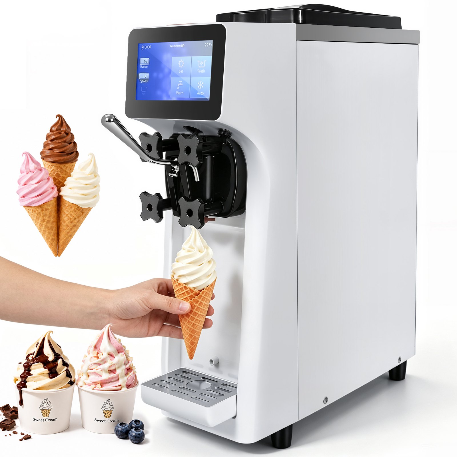 VEVOR Macchina per Gelato Commerciale, Produzione 10 L/H, Macchina per Gelato Soft da Banco Monogusto 900 W, Tramoggia 4 Litri, Cilindro 1,6 Litri, per Snack Bar Ristorante