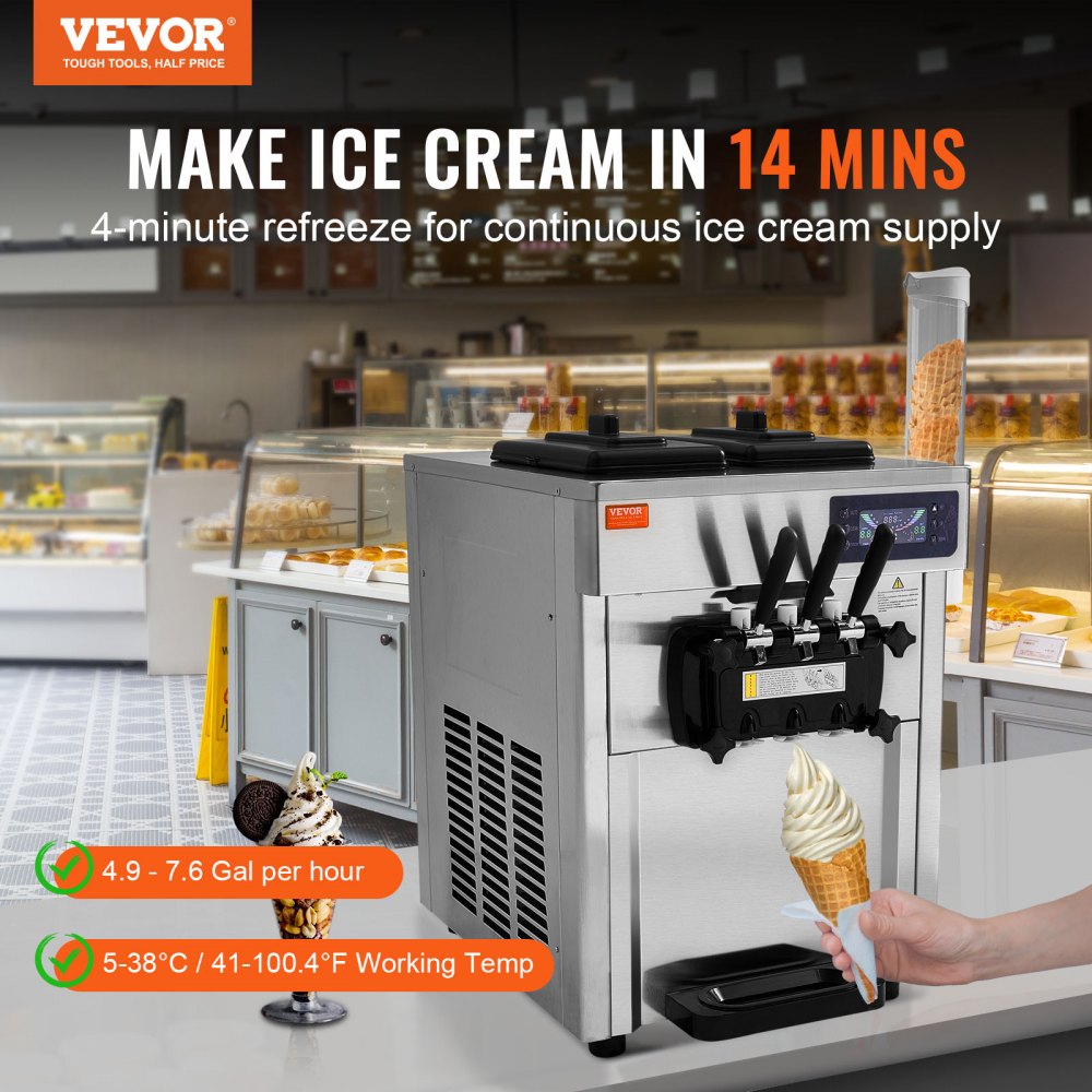 VEVOR Commercial Ice Cream Machine 18-28 L/h, 3 Flavors, Italian Style, 2 x 5.5 L Hoppers, LCD Panel, Automatic Pre-Cooling, Cleaning, for Yogurt, Coffee, Snack Bar, Restaurant