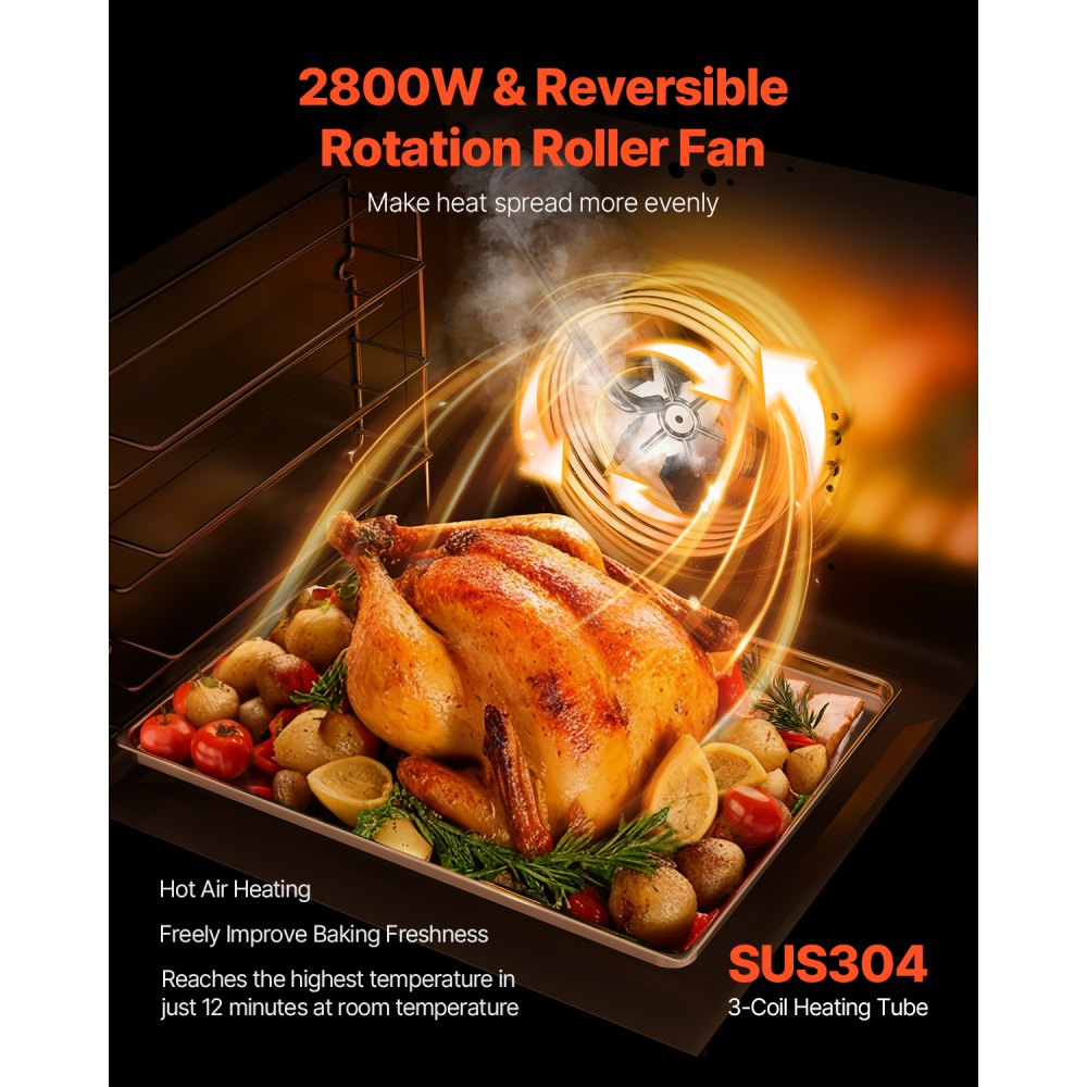 VEVOR Commercial Convection Oven, Conventional Worktop Oven, 58 L, 2800 W, Toaster Oven with Tempered Glass Door, Electric Oven with Wire Rack & Clamping Tray Gloves